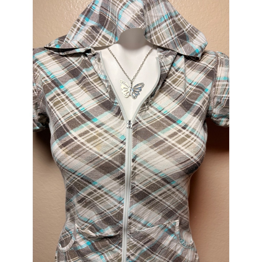 ❌❌❌SOLD❌❌❌Y2K Chances R Plaid Short Sleeve Zip Up Hoodie Puff Sleeve Small #7 - Picture 2 of 5